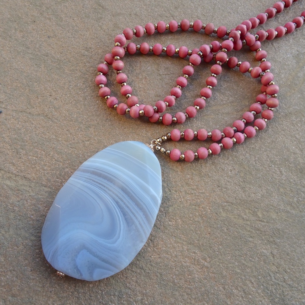 Gray Banded Agate Pendant Long layering Boho Glam Beaded Pink Statement Necklace